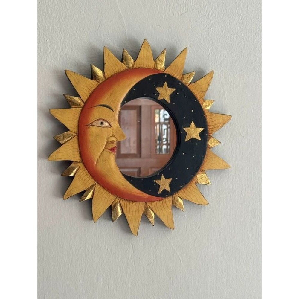 Vintage Celestial Sun Moon Stars Wood Mirror Gold Whimsigoth Wall Decor 11”